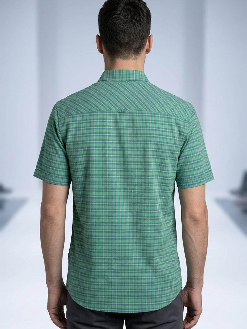 Green Plaid Short-Sleeve Button-Down Shirt #537 - Picture 4 of 4